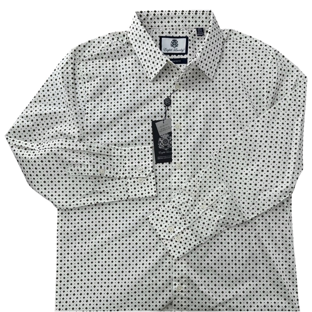 NEW English Laundry White & Dark Olive Diamond Button-up Dress Shirt Men's Large